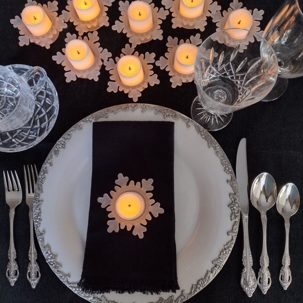 Holiday set of 9 frosted, glass tea-candle snowflake-shaped holders. 2 sets.